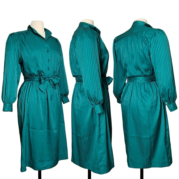 VINTAGE 80s Long Sleeve Secretary Dress | Blue Green Teal | Size 10 Medium - Picture 4 of 9